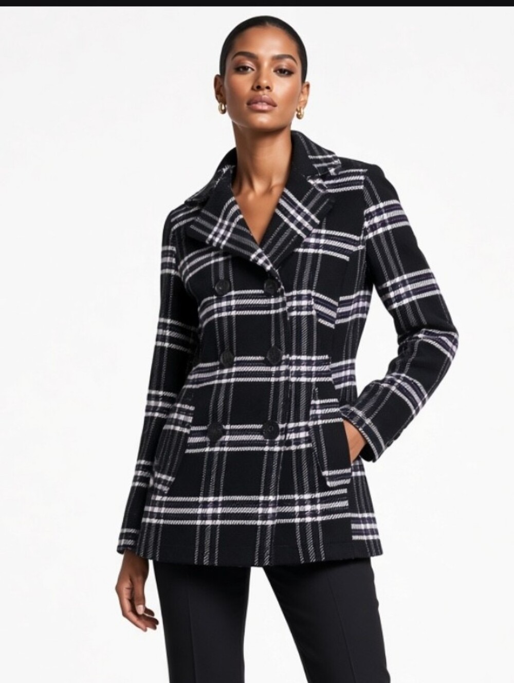 Details Womens Black, Purple& White Plaid Double-Breasted Fall Y2k Peacoat Sz:m
